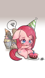 Size: 3000x5161 | Tagged: safe, artist:choyamy, madame leflour, mr. turnip, pinkie pie, rocky, sir lintsalot, earth pony, pony, g4, party of one, blushing, cake, candle, crossed hooves, crying, cute, cuteamena, diapinkes, female, floppy ears, food, hat, high res, mare, party hat, pinkamena diane pie, sad, sadorable, simple background, sitting, solo, white background