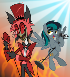 Size: 2000x2197 | Tagged: safe, artist:aleximusprime, oc, oc:blackgryph0n, deer, demon, pegasus, pony, undead, wendigo, alastor, alastor's reprise, birthday gift, black gryph0n, blackgryph0n, bowtie, clothes, crossover, deer demon, fire, floating, flying, hat, hazbin hotel, heaven, hell, hellaverse, high res, light, microphone, overlord demon, show accurate, singing, sinner demon, suit, that's entertainment