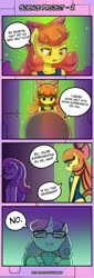Size: 550x1622 | Tagged: safe, artist:lumineko, apple bloom, sweetie belle, earth pony, unicorn, anthro, apple bloomers, comic:science project, g4, 4koma, clothes, comic, glasses, one-piece swimsuit, science, sukumizu, swimsuit