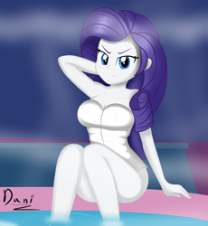 Size: 2560x2784 | Tagged: safe, artist:danielitamlp, rarity, equestria girls, g4, arm behind head, armpits, bare shoulders, breasts, busty rarity, cleavage, female, frown, high res, legs, looking at you, solo, spa, thighs, towel, towel around waist