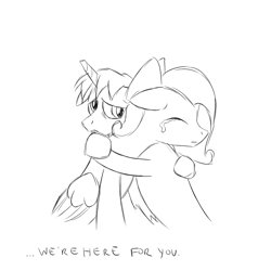 Size: 1024x1024 | Tagged: safe, artist:rexlupin, derpibooru exclusive, oc, oc only, oc:molly d, pony, crying, hug, sketch, support