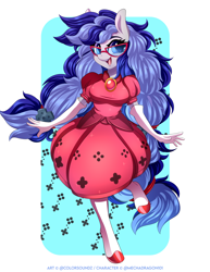 Size: 7556x9793 | Tagged: safe, alternate version, artist:ask-colorsound, oc, oc only, oc:cinnabyte, anthro, unguligrade anthro, absurd resolution, adorkable, cinnabetes, clothes, commission, cute, dork, dress, excited, female, glasses, headset, meganekko, smiling, socks, solo, your character here