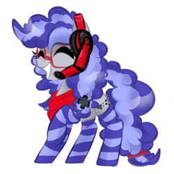 Size: 700x700 | Tagged: safe, artist:jen-neigh, oc, oc only, oc:cinnabyte, pony, adorkable, bandana, cinnabetes, clothes, commission, cute, dork, excited, eyes closed, gaming headset, glasses, headset, pigtails, simple background, sketch, smiling, socks, solo, striped socks, white background