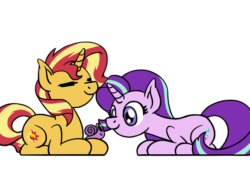 Size: 648x486 | Tagged: safe, artist:flutterluv, starlight glimmer, sunset shimmer, pony, snail, unicorn, g4, animated, cute, duo, eyes closed, female, glimmerbetes, ponified animal photo, ponified animal video, prone, shimmerbetes, simple background, sniffing, white background