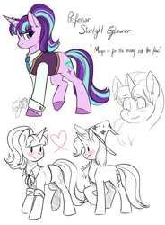 Size: 1250x1700 | Tagged: safe, artist:cosmalumi, starlight glimmer, trixie, pony, unicorn, g4, alternate universe, blushing, clothes, cute, female, glimmerbetes, hat, heart, lesbian, looking at each other, looking at you, s5 starlight, ship:startrix, shipping, shirt, sketch, smiling, sweater, text, trixie's hat