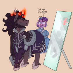 Size: 3000x3000 | Tagged: safe, artist:sourcherry, king sombra, oc, unnamed oc, crystal pony, earth pony, pony, unicorn, g4, cape, clothes, crown, female, fur, high res, horseshoes, jewelry, magic, male, mare, mirror, pincushion, regalia, stallion