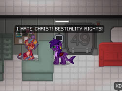 Size: 970x727 | Tagged: safe, demon, pony, unicorn, ashes town, pony town, 2edgy4me, anti-christ, blasphemy, blasphemy in the description, female, game screencap, implied bestiality, jesus christ, op can you stop, op is a duck, op is trying to start shit, op is trying to start shit so badly that it's kinda funny, ow the edge, this is why we can't have nice things, we are going to hell