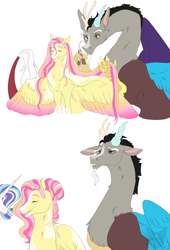 Size: 3000x4400 | Tagged: safe, artist:arexstar, discord, fluttershy, rarity, pony, g4, colored wings, female, high res, male, multicolored wings, older, ship:discoshy, shipping, simple background, story included, straight, white background, wings
