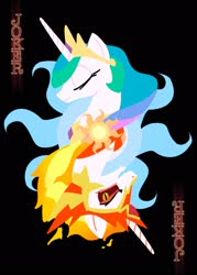 Size: 1500x2100 | Tagged: safe, artist:emerald-light, daybreaker, princess celestia, alicorn, pony, g4, black background, duality, eyes closed, female, mare, playing card, simple background, wip