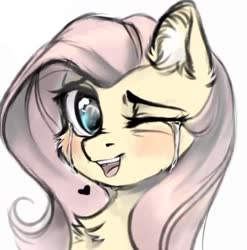 Size: 1391x1406 | Tagged: safe, artist:vird-gi, fluttershy, pegasus, pony, g4, blushing, chest fluff, crying, cute, ear fluff, female, fluttercry, heart, looking at you, mare, one eye closed, open mouth, shyabetes, simple background, smiling, solo, tears of joy, white background
