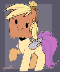 Size: 563x680 | Tagged: safe, artist:sakukitty, derpy hooves, oc, oc:paper bag, g4, clothes, costume, cute, fake hair, fake wings, female, food, muffin, ocbetes, tape