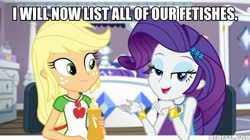 Size: 600x337 | Tagged: safe, edit, edited screencap, screencap, applejack, rarity, camping must-haves, equestria girls, g4, my little pony equestria girls: better together, caption, female, geode of shielding, geode of super strength, image macro, lesbian, magical geodes, meme, memeful.com, ship:rarijack, shipping, text