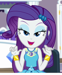 Size: 570x687 | Tagged: safe, screencap, rarity, camping must-haves, equestria girls, g4, my little pony equestria girls: better together, bed, belt buckle, bracelet, breaking the fourth wall, cropped, eyeshadow, female, frilly design, geode of shielding, gold, jewelry, lidded eyes, magical geodes, makeup, open mouth, open smile, pendant, rarity peplum dress, rarity's bedroom, sleeveless, smiling, solo