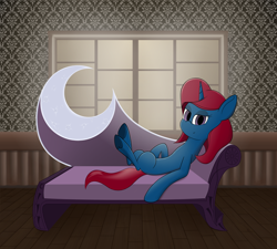 Size: 6000x5400 | Tagged: safe, artist:kaukanghong, derpibooru exclusive, oc, oc only, oc:teppo lily, pony, unicorn, fainting couch, female, horn, indoors, lying, mare, moon, solo, unicorn oc, window