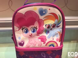 Size: 1600x1200 | Tagged: safe, pinkie pie, rainbow dash, earth pony, pegasus, pony, g4.5, my little pony: pony life, backpack, cute, duo, female, flower, flying, heart, irl, looking at you, mare, nyc toy fair 2020, open mouth, photo, picture, rainbow, sparkles, wings
