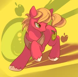 Size: 1618x1591 | Tagged: safe, artist:drtuo4, big macintosh, earth pony, pony, g4, abstract background, apple, food, freckles, male, solo, stallion, unshorn fetlocks