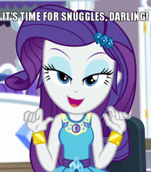 Size: 570x650 | Tagged: safe, edit, edited screencap, screencap, rarity, camping must-haves, equestria girls, equestria girls series, g4, spoiler:eqg series (season 2), caption, cropped, darling, female, geode of shielding, image macro, imma snuggle you, lidded eyes, looking at you, magical geodes, meme, solo, text