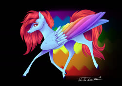 Size: 1280x906 | Tagged: safe, artist:tabertheraver, rainbow dash, pegasus, pony, g4, colored wings, concave belly, female, g5 concept leak style, g5 concept leaks, hooves, large wings, mare, multicolored wings, rainbow dash (g5 concept leak), rainbow wings, redesign, simple background, slender, solo, thin, thin legs, wings