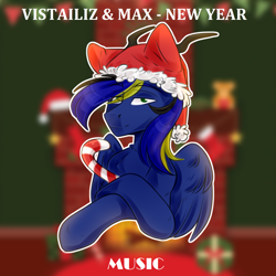 Size: 2000x2000 | Tagged: safe, artist:fraxus, oc, oc only, oc:stail, alicorn, demon, demon pony, original species, pony, candy, cover, demonic horns, dubstep, fireplace, food, hat, high res, horns, live sound, lollipop, male, music, new year, new year hat, new year mood, simple background, smiling, sock, solo, song, sound only, stallion, toy