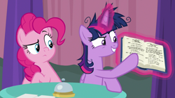 Size: 1920x1080 | Tagged: safe, screencap, pinkie pie, twilight sparkle, alicorn, earth pony, pony, a trivial pursuit, g4, bell, book, confused, crazy grin, displeased, duo, female, folded wings, frown, glowing horn, grin, hooves on the table, horn, insanity, levitation, magic, magic aura, mare, messy mane, obsessed, pointing, raised eyebrow, rulebook, rules, sin of greed, smiling, smirk, table, team twipie, telekinesis, trivia trot, twilight snapple, twilight sparkle (alicorn), twilighting, wings