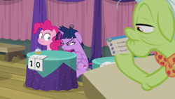 Size: 1920x1080 | Tagged: safe, screencap, granny smith, pinkie pie, twilight sparkle, alicorn, pony, a trivial pursuit, g4, my little pony: friendship is magic, bell, floppy ears, messy mane, pouting, twilight sparkle (alicorn)