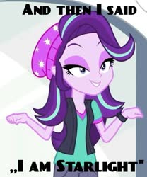 Size: 498x600 | Tagged: safe, edit, edited screencap, editor:sweet blast, screencap, starlight glimmer, equestria girls, equestria girls specials, g4, my little pony equestria girls: mirror magic, and then i said i am varian, beanie, clothes, cropped, eyelashes, eyeshadow, female, hat, makeup, meme, reference, smiling, smirk, solo, tangled: the series