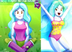 Size: 1429x1024 | Tagged: safe, artist:the-butch-x, edit, editor:thomasfan45, paisley, human, equestria girls, equestria girls series, g4, armpits, arms in the air, background human, beach, boots, breasts, busty paisley, butch's hello, clothes, collarbone, crepuscular rays, cute, equestria girls logo, female, field, flower, grass, happy, legs, ocean, one-piece swimsuit, open mouth, pants, polka dots, sexy, shoes, signature, sitting, sky, smiling, solo, sunlight, swimsuit, tank top, thighs