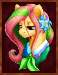 Size: 1384x1790 | Tagged: safe, artist:thatonegib, part of a set, fluttershy, pony, g4, alternate design, bust, clothes, female, flower, lidded eyes, looking down, mare, portrait, shirt, smiling, solo, stray strand, three quarter view