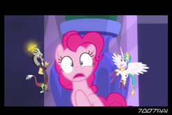 Size: 1288x858 | Tagged: safe, edit, edited screencap, editor:teren rogriss, idw, screencap, discord, pinkie pie, princess celestia, alicorn, draconequus, earth pony, pony, g4, reflections, the saddle row review, spoiler:comic, evil celestia, evil counterpart, halo, horn, mirror universe, shoulder angel, shoulder devil, wings