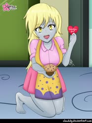 Size: 746x1000 | Tagged: safe, alternate version, artist:clouddg, edit, editor:thomasfan45, derpy hooves, equestria girls, g4, apron, barefoot, blouse, canterlot high, card, clothes, cute, derpabetes, door, feet, female, floor, food, hallway, holiday, kneeling, legs, lockers, looking at you, miniskirt, muffin, open mouth, pleated skirt, signature, skirt, solo