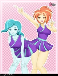 Size: 786x1024 | Tagged: safe, artist:clouddg, edit, editor:thomasfan45, lighthoof, shimmy shake, human, 2 4 6 greaaat, equestria girls, g4, armpits, bare arms, bare shoulders, beautiful, bedroom eyes, breasts, cheerleader, cheerleader outfit, clothes, cute, duo, duo female, ear piercing, earring, equestria girls-ified, female, humanized, jewelry, legs, lidded eyes, lightorable, miniskirt, open mouth, piercing, pleated skirt, pointing, ponytail, sexy, shakeabetes, signature, skirt, smiling, thighs