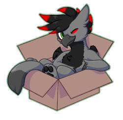 Size: 897x875 | Tagged: safe, artist:cleoziep, oc, oc only, oc:scorpio, griffon, box, chest fluff, griffon in a box, in a box, one eye closed, paw pads, simple background, solo, transparent background, wink, winking at you