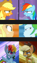 Size: 1229x2084 | Tagged: safe, edit, screencap, applejack, rainbow dash, earth pony, pegasus, pony, a queen of clubs, a trivial pursuit, equestria girls, equestria girls series, g4, g4.5, my little pony: stop motion short, pillow fight (short), comparison, confrontation, pillow