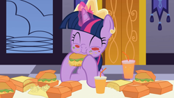 Size: 1920x1080 | Tagged: safe, artist:agrol, twilight sparkle, alicorn, pony, how to be a princess, g4, burger, crown, cute, drink, eating, female, food, french fries, hamburger, happy, hay burger, hay fries, jewelry, messy eating, regalia, solo, that pony sure does love burgers, twiabetes, twilight burgkle, twilight sparkle (alicorn)
