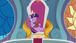 Size: 1920x1080 | Tagged: safe, artist:agrol, twilight sparkle, alicorn, pony, how to be a princess, g4, book, bored, crown, female, jewelry, mare, pillow, reading, regalia, solo, throne, twilight sparkle (alicorn)