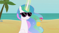 Size: 800x450 | Tagged: safe, artist:agrol, princess celestia, alicorn, pony, how to be a princess, g4, animated, beach, cocktail umbrella, drink, ethereal mane, female, flowing mane, folded wings, frown, gif, glass, glowing horn, horn, levitation, magic, magic aura, mare, multicolored mane, palm tree, solo, straw, sunglasses, telekinesis, tree, vacation