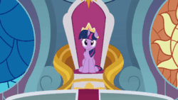 Size: 800x450 | Tagged: safe, artist:agrol, twilight sparkle, alicorn, pony, how to be a princess, g4, the last problem, animated, annoyed, bored, crossed hooves, crown, female, gif, jewelry, looking around, regalia, solo, stained glass, throne, throne room, twilight sparkle (alicorn)