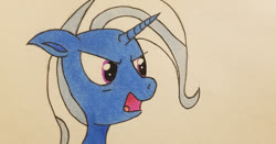 Size: 1280x671 | Tagged: safe, artist:polar_storm, trixie, pony, unicorn, g4, angry, bust, colored sketch, female, grumpy, mare, purple eyes, simple background, sketch, solo, traditional art, white background, yelling