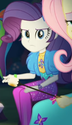 Size: 496x858 | Tagged: safe, screencap, fluttershy, rainbow dash, rarity, equestria girls, equestria girls specials, g4, my little pony equestria girls: better together, my little pony equestria girls: sunset's backstage pass, angry, clothes, coat, cropped, cute, dress, female, forest background, fur, fur coat, geode of shielding, jacket, jewelry, leggings, magical geodes, marshmello, night, outdoors, raribetes, short sleeves, sitting, stick, tree stump, wristband
