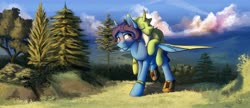 Size: 1280x554 | Tagged: safe, artist:klarapl, oc, oc only, pegasus, pony, unicorn, bracelet, clothes, eyes closed, female, forest, gift art, hiking, jewelry, lake, male, mare, matching outfits, no mane, no tail, oc x oc, pillow, scenery, shipping, shoes, sleeping, stallion, straight, stubble, tree