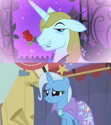 Size: 1280x1436 | Tagged: safe, edit, edited screencap, screencap, prince blueblood, trixie, pony, unicorn, boast busters, g4, the best night ever, cape, clothes, female, flower, flower in mouth, grin, male, mare, rose, rose in mouth, ship:bluetrix, shipping, shipping domino, smiling, stallion, straight