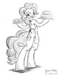 Size: 1024x1304 | Tagged: safe, artist:rockhoppr3, pinkie pie, earth pony, semi-anthro, g4, apron, arm hooves, barbie doll anatomy, cake, clothes, cupcake, featureless crotch, female, food, monochrome, naked apron, plate, solo