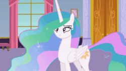 Size: 800x450 | Tagged: safe, artist:agrol, princess celestia, alicorn, pony, how to be a princess, g4, animated, canterlot castle interior, door, eyeroll, female, gif, solo, window, wings