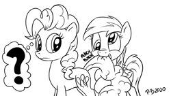 Size: 1200x675 | Tagged: safe, artist:pony-berserker, derpy hooves, pinkie pie, earth pony, pegasus, pony, pony-berserker's twitter sketches, g4, black and white, duo, female, grayscale, i can't believe it's not idw, mare, monochrome, munching, question mark, signature, simple background, sketch, white background