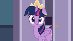 Size: 800x450 | Tagged: safe, artist:agrol, twilight sparkle, alicorn, pony, how to be a princess, g4, animated, crown, door, female, gif, jewelry, lip bite, looking at you, regalia, smiling, solo, twilight sparkle (alicorn)