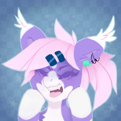 Size: 2000x2000 | Tagged: safe, artist:sugarstar, oc, oc only, bat pony, pony, bat pony oc, ear piercing, eyes closed, fangs, female, happy, high res, icon, open mouth, piercing, simple background, smiling, solo