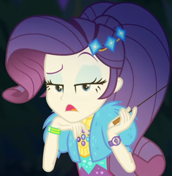 Size: 942x967 | Tagged: safe, screencap, rarity, equestria girls, equestria girls series, g4, sunset's backstage pass!, spoiler:eqg series (season 2), clothes, coat, cropped, cute, dress, female, fur, fur coat, geode of shielding, jewelry, judgemental, lidded eyes, magical geodes, night, outdoors, ponytail, raised eyebrow, raribetes, short sleeves, sitting, stick, wristband