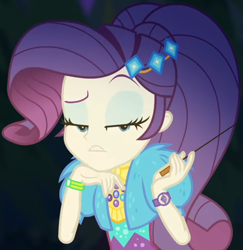 Size: 940x969 | Tagged: safe, screencap, rarity, equestria girls, equestria girls series, g4, sunset's backstage pass!, spoiler:eqg series (season 2), clothes, coat, cropped, cute, dress, female, forest background, fur, fur coat, geode of shielding, jewelry, judgemental, magical geodes, night, outdoors, ponytail, raised eyebrow, raribetes, short sleeves, sitting, stick, wristband