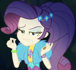 Size: 1040x963 | Tagged: safe, screencap, rarity, equestria girls, equestria girls series, g4, sunset's backstage pass!, spoiler:eqg series (season 2), clothes, coat, cropped, cute, dress, female, forest background, fur, fur coat, geode of shielding, jewelry, judgemental, lidded eyes, magical geodes, night, outdoors, ponytail, raribetes, short sleeves, sitting, stick, wristband