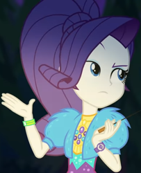 Size: 877x1080 | Tagged: safe, screencap, rarity, equestria girls, equestria girls series, g4, sunset's backstage pass!, spoiler:eqg series (season 2), clothes, coat, cropped, cute, dress, female, forest background, fur, fur coat, geode of shielding, jewelry, magical geodes, night, outdoors, ponytail, raised eyebrow, raribetes, sassy, short sleeves, sitting, stick, wristband